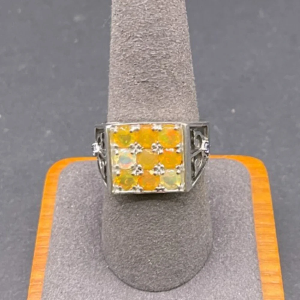 Vintage 925 Sterling Silver Yellow Fire Opal Cluster Statement Ring Size 9